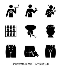 Men's health glyph icons set. Silhouette symbols. Lungs, liver, prostate cancer, heart attack, lab analysis, prostate biopsy, hair loss, rectal exam, inguinal hernia. Vector isolated illustration
