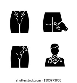 Men's Health Glyph Icons Set. Silhouette Symbol. Prostate Cancer Diagnosis, Digital Rectal Exam, Inguinal Hernia, Urologist. Groin Pain, Bulging, Doctor, Male Infertility. Vector Isolated Illustration