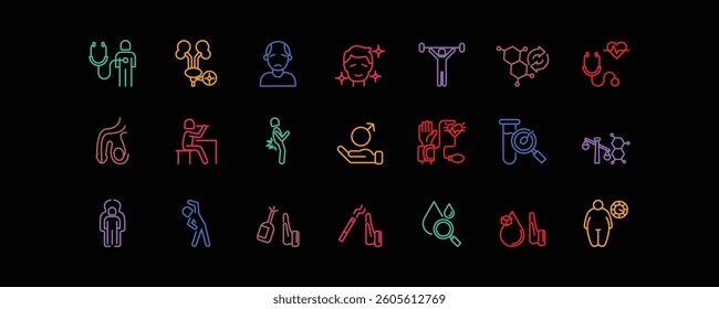 Men's health icon set in a modern thin line style. Includes symbols for medical care, physical health, male physiology, and health check-ups. Suitable for web design, apps, and printing.