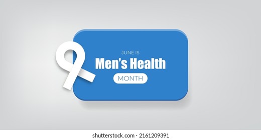 Mens Health Month Concept Horizontal Banner Design Template With Blue Ribbon And Text Isolated On Grey Background. June Is National Mens Health Awareness Month Vector Flyer Or Poster