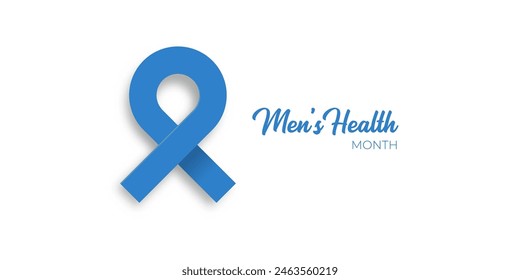 Mens health month concept horizontal banner design template with blue ribbon and text isolated on white background. June is national mens health awareness month vector flyer, banner, cover and poster