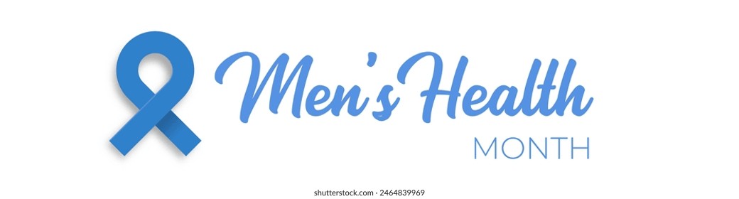 Mens health month concept horizontal banner design template with blue ribbon and text isolated on white background. June is national mens health awareness month vector flyer or poster