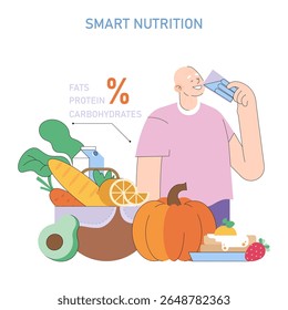 Mens Health Month concept. Promoting balanced eating with nutritious foods, hydration, and essential nutrients for overall well-being. Encourages healthy lifestyle and diet awareness. Vector