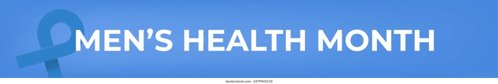 Mens health month concept wide horizontal banner design template with blue ribbon and text isolated on blue background. June is national mens health awareness month vector wide flyer or poster