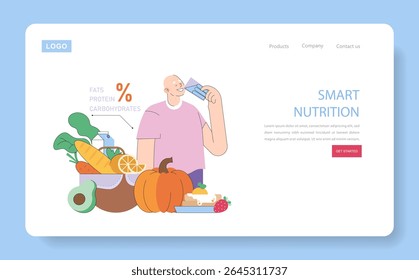 Mens Health Month. Healthy nutrition and hydration for men supporting daily wellness and energy. Balanced diet with vegetables, fruits, dairy and water for better lifestyle habits. Vector illustration