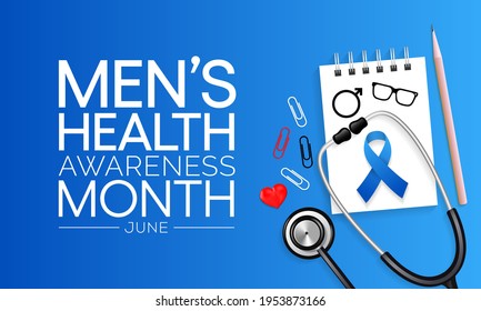 Men's health month is observed every year in June, it is used to raise awareness about health care for men and focus on encouraging boys to practice and implement healthy living decisions. Vector art.