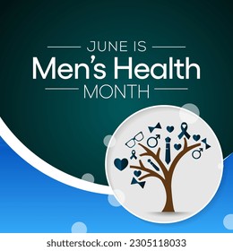 Men's health month is observed every year in June, it is used to raise awareness about health care for men and focus on encouraging boys to practice and implement healthy living decisions. Vector art.