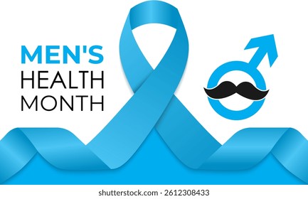 Men's health month is observed every year in June Banner and background design template. A blue ribbon, Stethoscope with a mustache and Realistic ribbon. International Men's Day, and Father's Day.