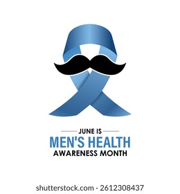 Men's health month is observed every year in June Banner and background design template. A blue ribbon, Stethoscope with a mustache and Realistic ribbon. International Men's Day, and Father's Day.