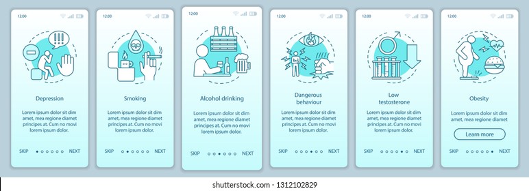 Factores de riesgo de salud masculino al incorporar una plantilla vectorial de pantalla de aplicaciones móviles. Fumar, obesidad, alcohol. Recorrido de los pasos del sitio web con ilustraciones lineales. UX, UI, concepto de interfaz de smartphone GUI