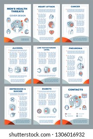 Men's health threats and risks brochure template layout. Male diseases. Flyer, booklet, leaflet print design with linear illustrations. Vector page layouts for magazines, annual reports, posters