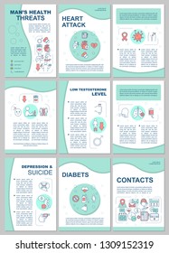 Men's health threats and risks brochure template layout. Male diseases. Flyer, booklet, leaflet print design with linear illustrations. Vector page layouts for magazines, annual reports, posters