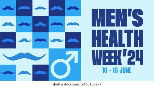 Men's health week 2024 banner with geometric background. Awareness event campaign banner witn mustache and male gender symbol.