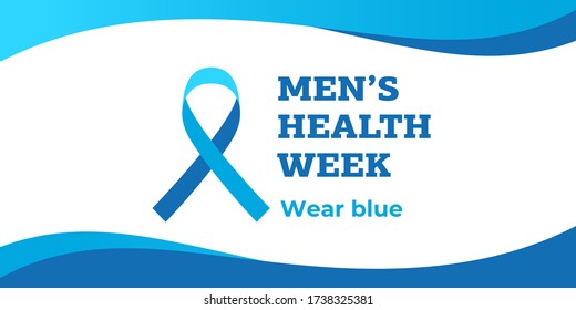 Men's health week. Vector banner, illustration, poster for social media. The blue ribbon and the text: Men's health week. Wear blue. Takes place in June