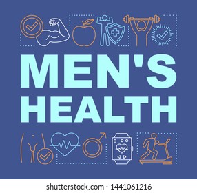 Mens Health Word Concepts Banner. Medical Treatment, Aid, Care. Changes In Body, Hormones, Potency. Presentation, Website. Isolated Lettering Typography Idea, Linear Icons. Vector Outline Illustration