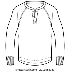 mens henley neck long sleeve curved hem raglan t shirt with rib cuff fashion flat sketch vector illustration.