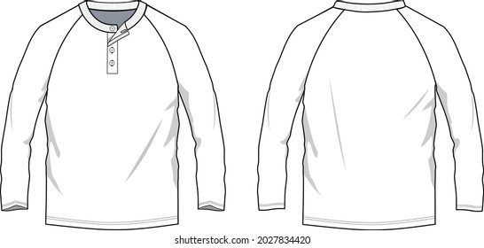 Men's Henley Neck Raglan Long Sleeve T-shirt Front and Back, Boy' s Henley Neck Raglan Long Sleeve Front and Back. Fashion Illustration Vector, Fashion Technical Drawing.