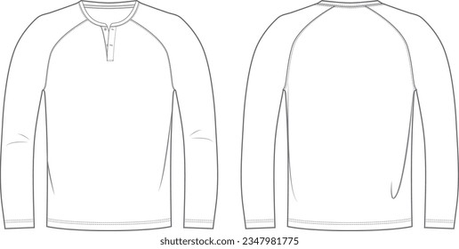 Men's Henley Neck Raglan Long Sleeve T-shirt Front and Back. Fashion Illustration Vector, Fashion Technical Drawing.