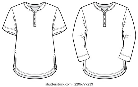 mens henley neck short sleeve and long sleeve t shirt technical drawing flat sketch vector illustration. CAD mockup.