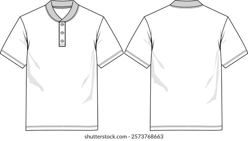 Men's Henley Shirt with stand-up rib collar, buttons closure placket, short sleeve, regular hem, sketch front and back, vectors