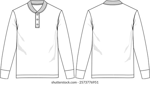 Men's henley shirt with stand-up rib collar, button closure placket, long sleeve with cuff, regular hem, front and back sketch, vectors