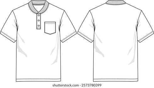 Men's Henley Shirt with stand-up rib collar, chest pocket, buttons closure placket, short sleeve, regular hem, sketch front and back, vectors