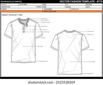 MENS HENLEY TEE FLAT SKETCH FASHION TEMPLATE TECHNICAL ILLUSTRATION