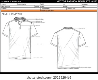 MENS HENLEY TEE FLAT SKETCH FASHION TEMPLATE TECHNICAL ILLUSTRATION