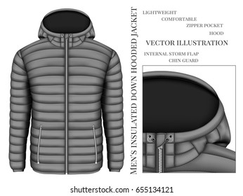 Men's hooded insulated down jacket with zip pockets. Vector illustration.