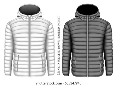 Men's hooded insulated down jacket with zip pockets. Vector illustration.
