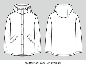 Men's hooded raincoat jacket  Fashion sketch  Flat technical drawing  Vector illustration 