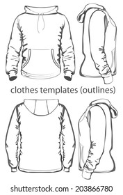 Men's hooded sweatshirt with pocket (back, front and side views). Outlines. Vector illustration.