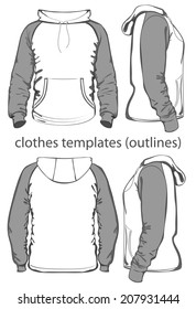 Men's hooded sweatshirt with pocket (back, front and side views). Raglan sleeve. Outlines. Vector illustration.