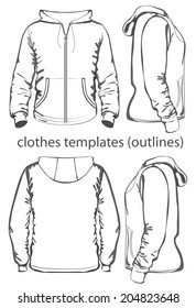 Men's hooded sweatshirt with zipper and pockets (back, front and side view). Outlines. Vector illustration.