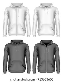 Men's hooded sweatshirt and zip-up hoodie. Front view, black and white variants. Vector illustration