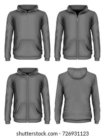 Men's hooded sweatshirt and zip-up hoodie. Front and back views. Different variants of front view of hoodie. Vector illustration