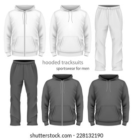 Men's hooded tracksuits. Black and white variants. Vector illustration.