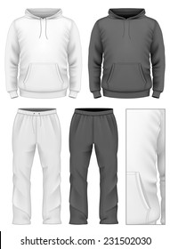 Men's hooded tracksuits. Black and white variants. Vector illustration.