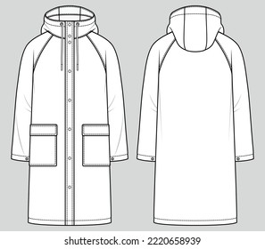 Men's hooded water-repellent jacket. Long raincoat. Fashion sketch. Flat technical drawing. Vector illustration.