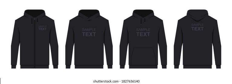 Men's Hoodie Black. Blank Template Hoody Front And Back View. Isolated On White Background