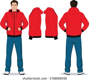 Men's hoodie design template (front view, back and side views).