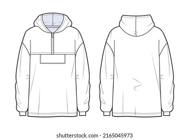 Men's Hoodie fashion flat technical sketch template. Boys zip front Sweatshirt Hoodie fashion cad mockup.