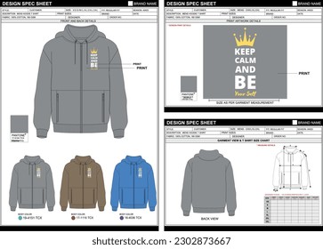 MENOS HOODIE TECH PACK ILLUSTRATION FRONT BACK VIEW MANTENER CALMA Y SER EL MISMO CON PANTONE Y TABLA GRÁFICA DE MEDICIÓN EN BLANCO FÁCIL EDITABLE VECTOR FILE