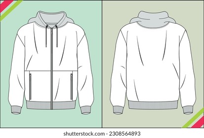 MENS HOODIE WITH ZIP AND POCKET TECHNICAL FASHION FLAT SKETCH