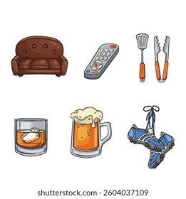 men's household items: beer, remote control, grill spatula, sofa color cartoon vector illustration