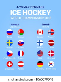 Men's Ice Hockey World Championship 2018. Vector illustration. Participating countries flags icons. Hockey group stage table. Graphic scoreboard for international tournament. winter sport competition