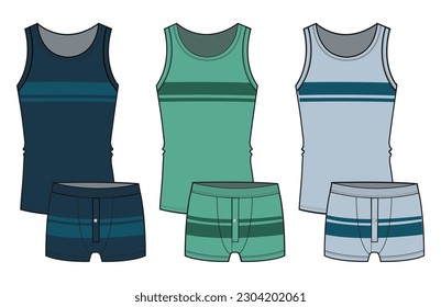 Men's Intimates Stripe Sleeveless T-shirt and Boxer  Color Set Fashion Illustration, Vector, CAD, Technical Drawing, Flat Drawing, Template, Mockup