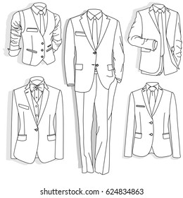 Men's jacket. Ceremonial men's suit, tuxedo. Accessories set. Vector illustration.