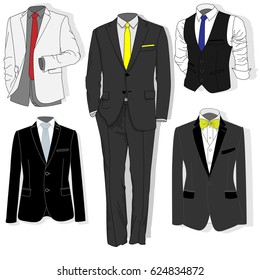 Men's jacket. Ceremonial men's suit, tuxedo. Accessories set. Vector illustration.
