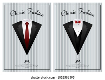 Men's jackets. Suits with bow tie and a necktie